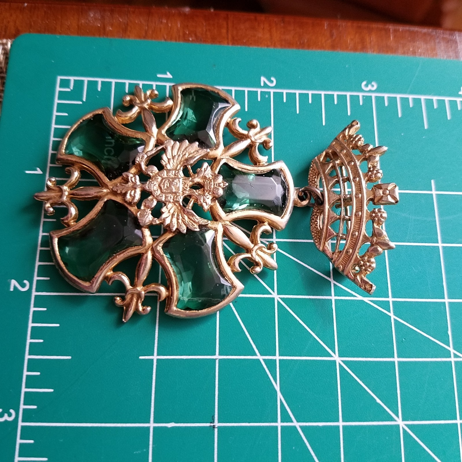 Vintage Crown Doubled-Headed Eagle Shield Green Rhinestone Fleur de Lis Brooch