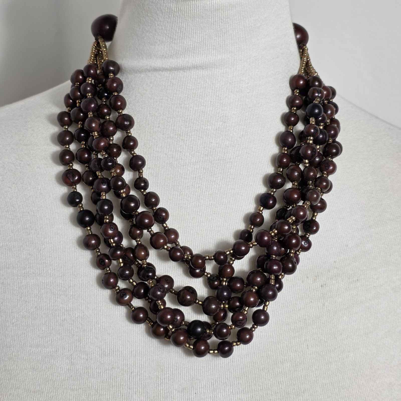 Multi-Strand Brown Acai Seed Bead Necklace with Gold Seed Bead Spacers