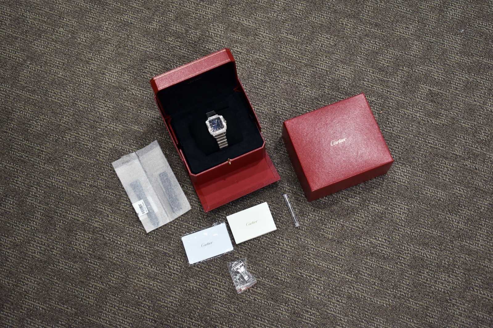 2024 Cartier Santos Medium Factory Diamond Bezel Blue Dial W4SA0006 4075 FS