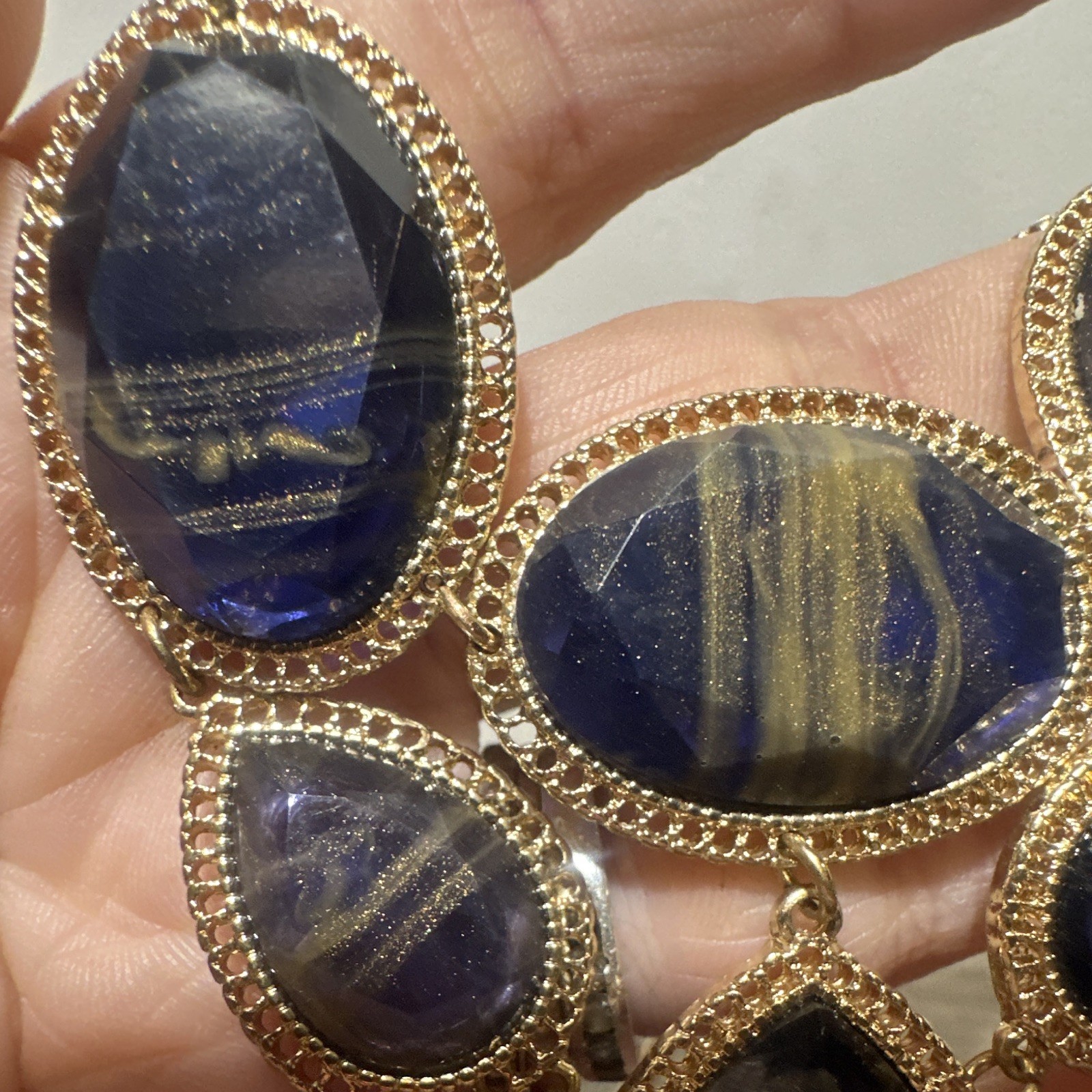 Gold Tone Blue & Gold Marble Faceted Oval Bezel Statement Necklace Adjustable