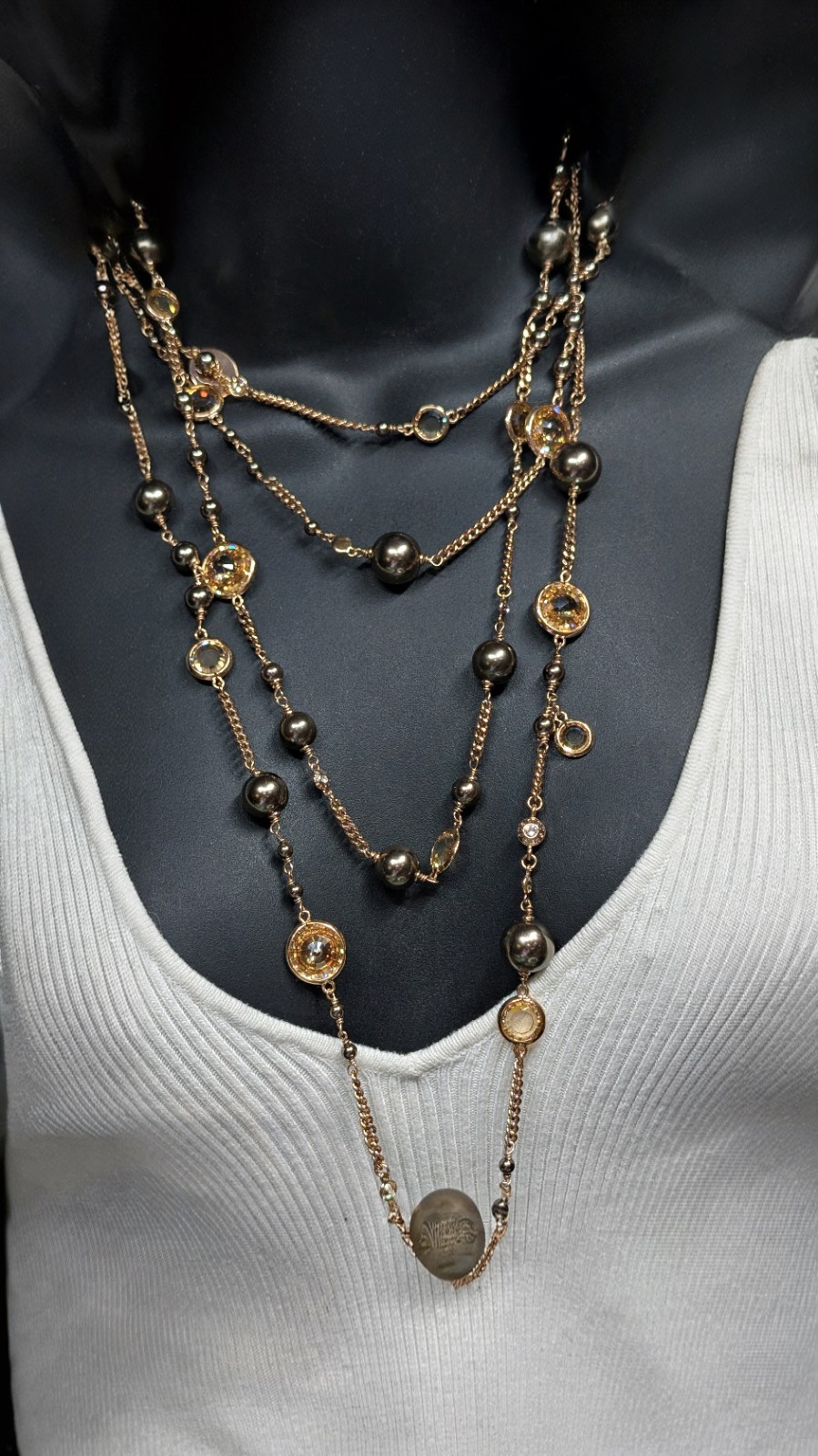 HENRI BENDEL Gold Rose Tone, Crysta & Faux Pearl Two Strand Long Necklace 40”