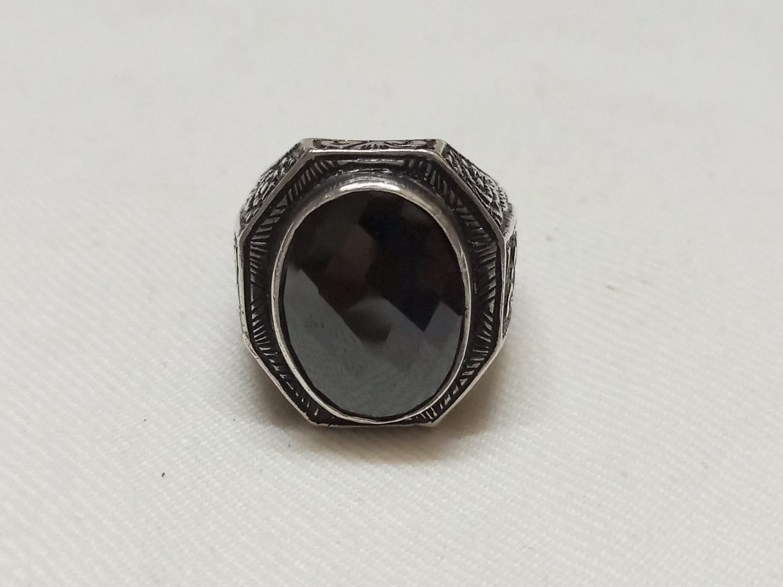 Vintage Turkish Men’s Ring 925 Sterling Silver Black Onyx Carved Engraved 18.4g