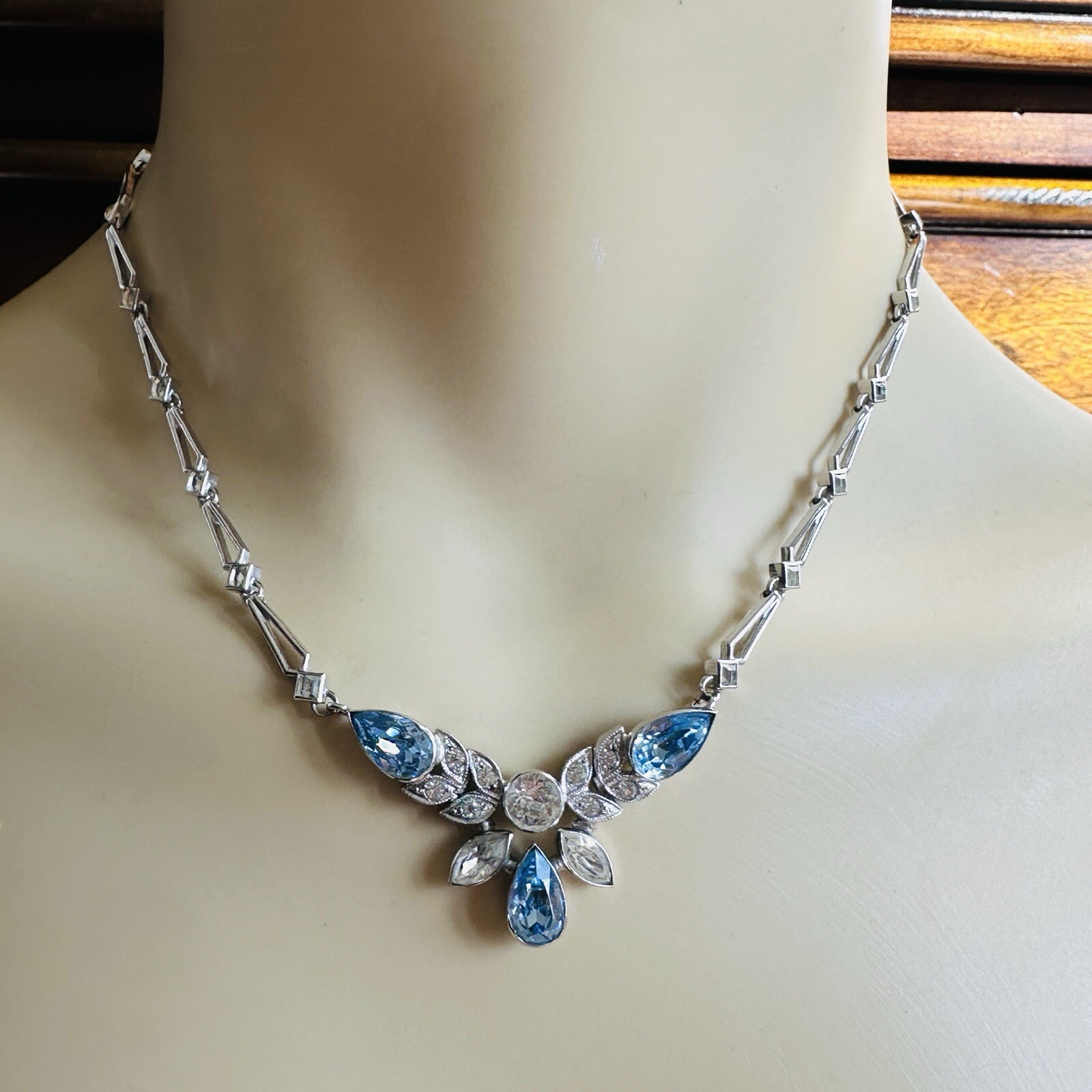 VTG Engel Brothers Art Deco Link Necklace 15 Inch Clear Blue 925 Sterling 16.8g