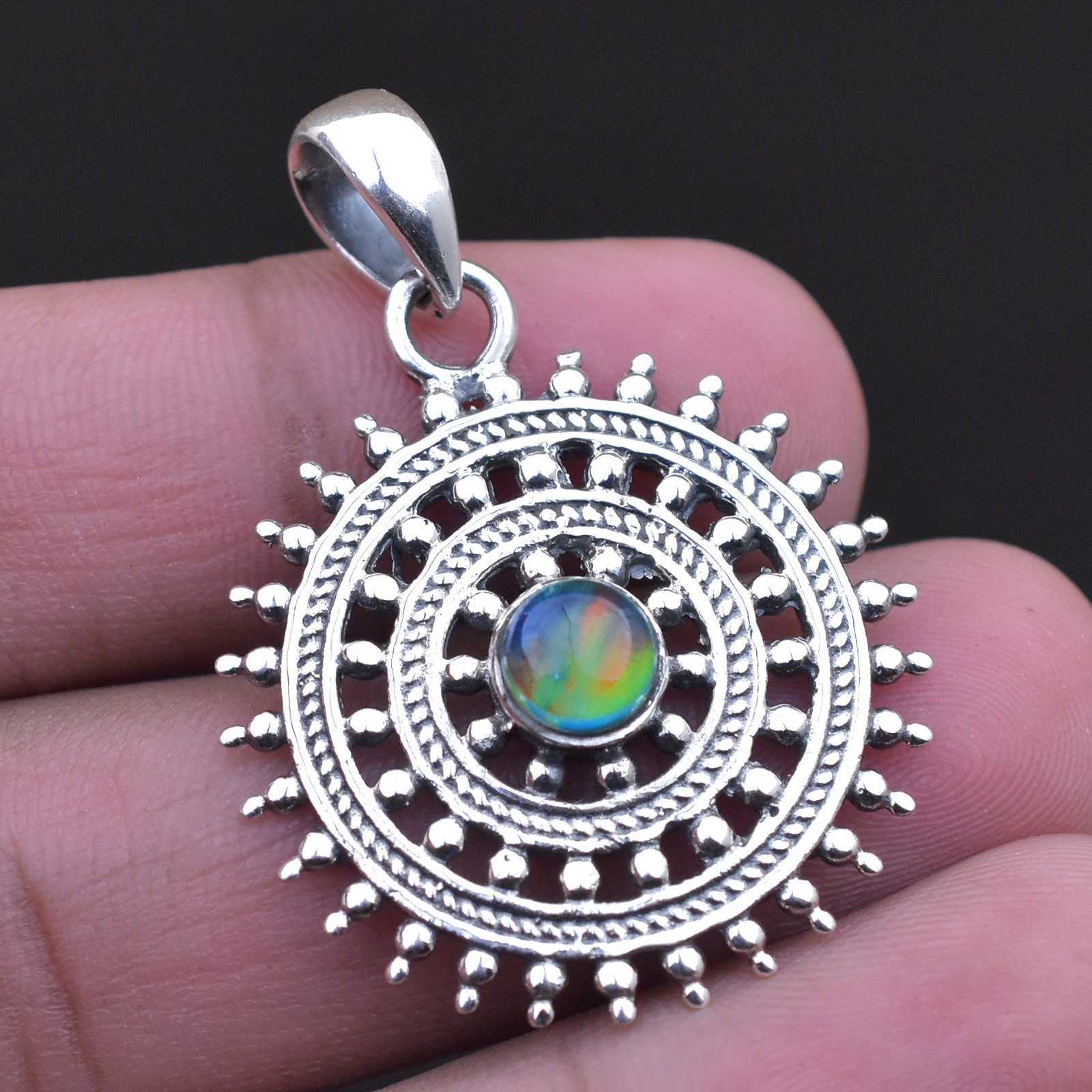 925 Sterling Silver Rainbow Fire Opal Sunburst Pendant, Handmade Boho Jewellery