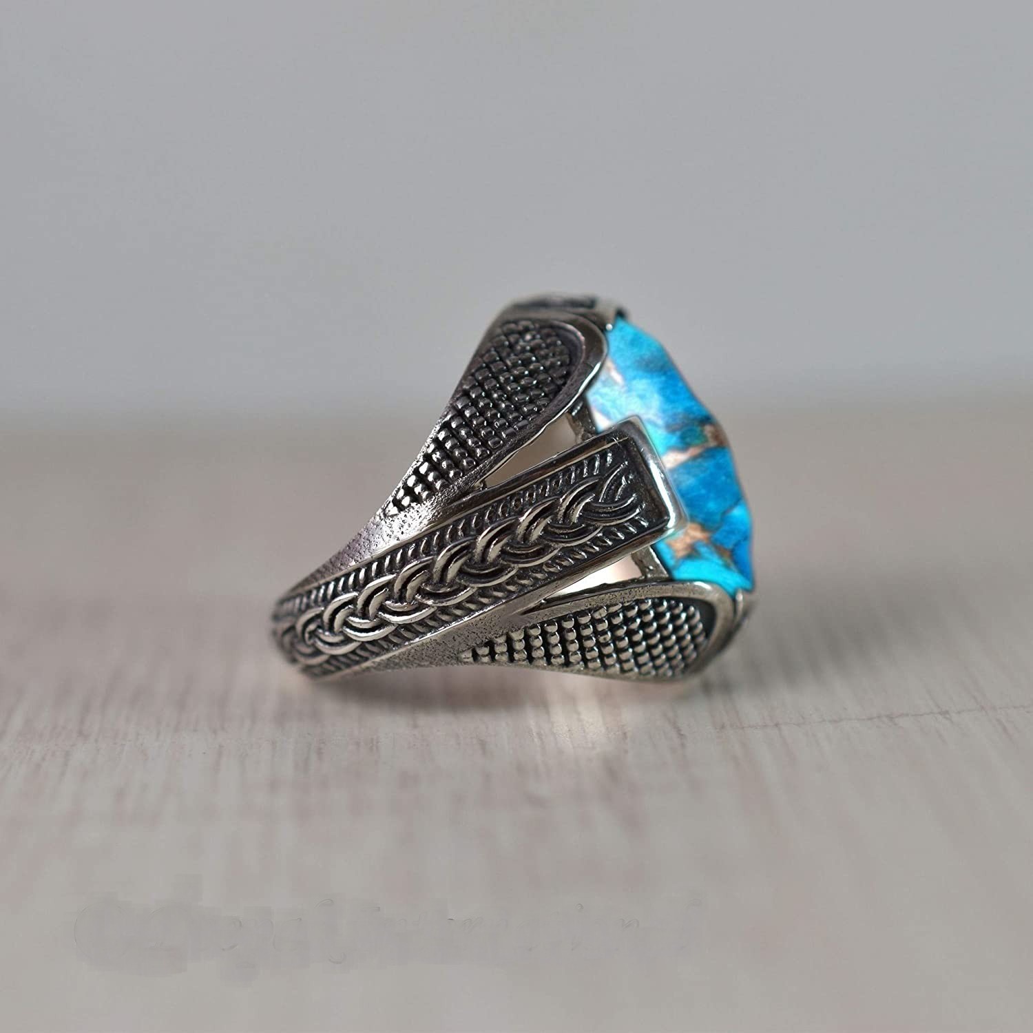 Solid 925 Sterling Silver AA Natural Copper Turquoise Gemstone Men’s Unisex Ring