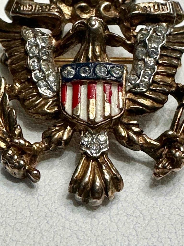 Vtg. Philippe Crown Trifari US Eagle Seal / Insignia Rhinestone Gold Tone Brooch
