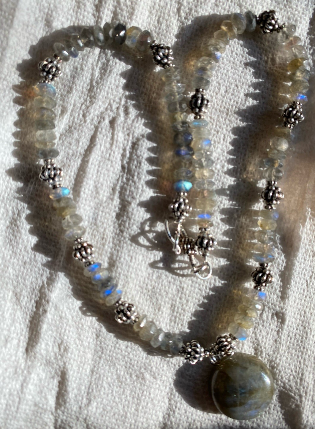 Handmade Labradorite Gemstone Necklace w/ 925 Silver Spacers & Hook Clasp 18”