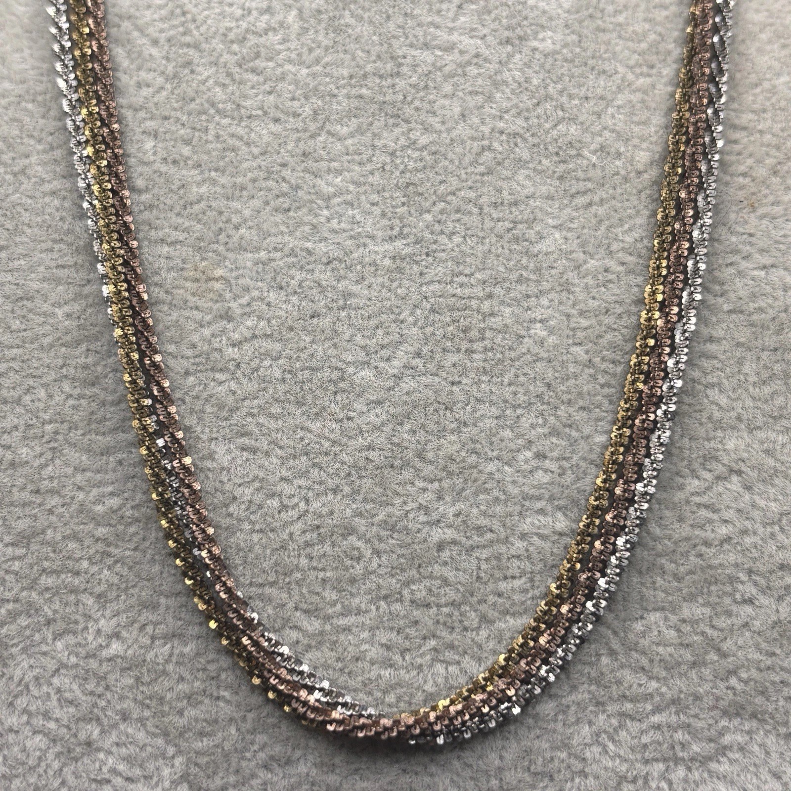 Tricolor Italy Necklace 18” 3 Strands Gold 10k Rose Gold Plate, Silver Mark RCI