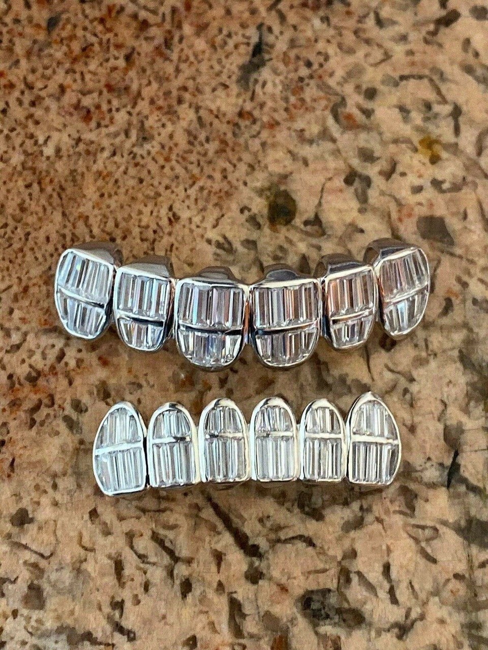 Real 925 Sterling Silver ICED Baguette Rapper GRILLZ Teeth Top & Bottom Set ICY