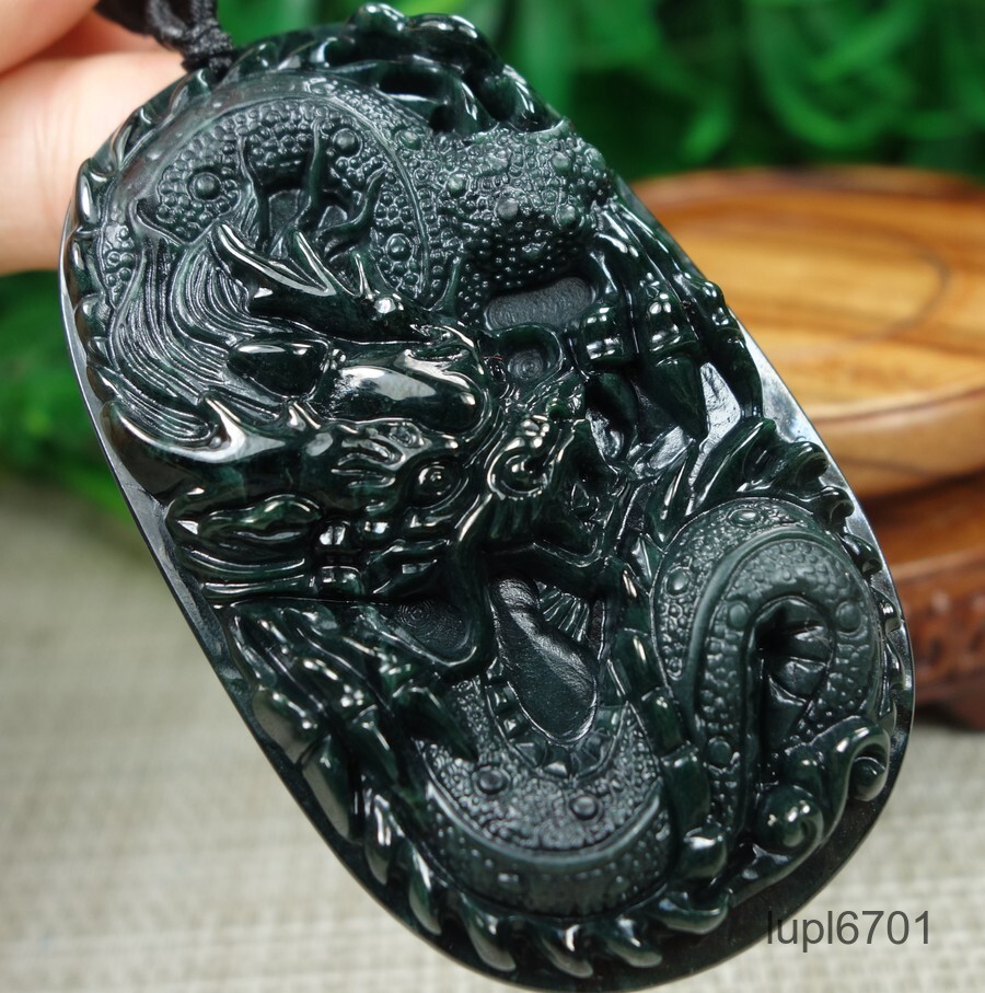 Certified Black green Burma Type A 100%Natural A Jadeite Jade Pendant~Dragon墨翠龙