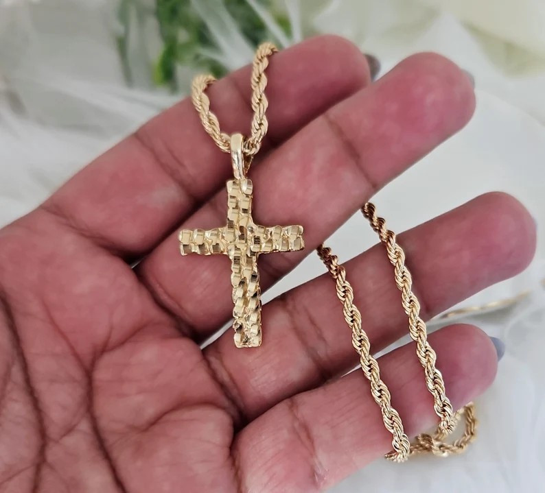 Gold Nugget Cross Necklace, 3mm Rope Chain, 14k Heavy Plated Gold