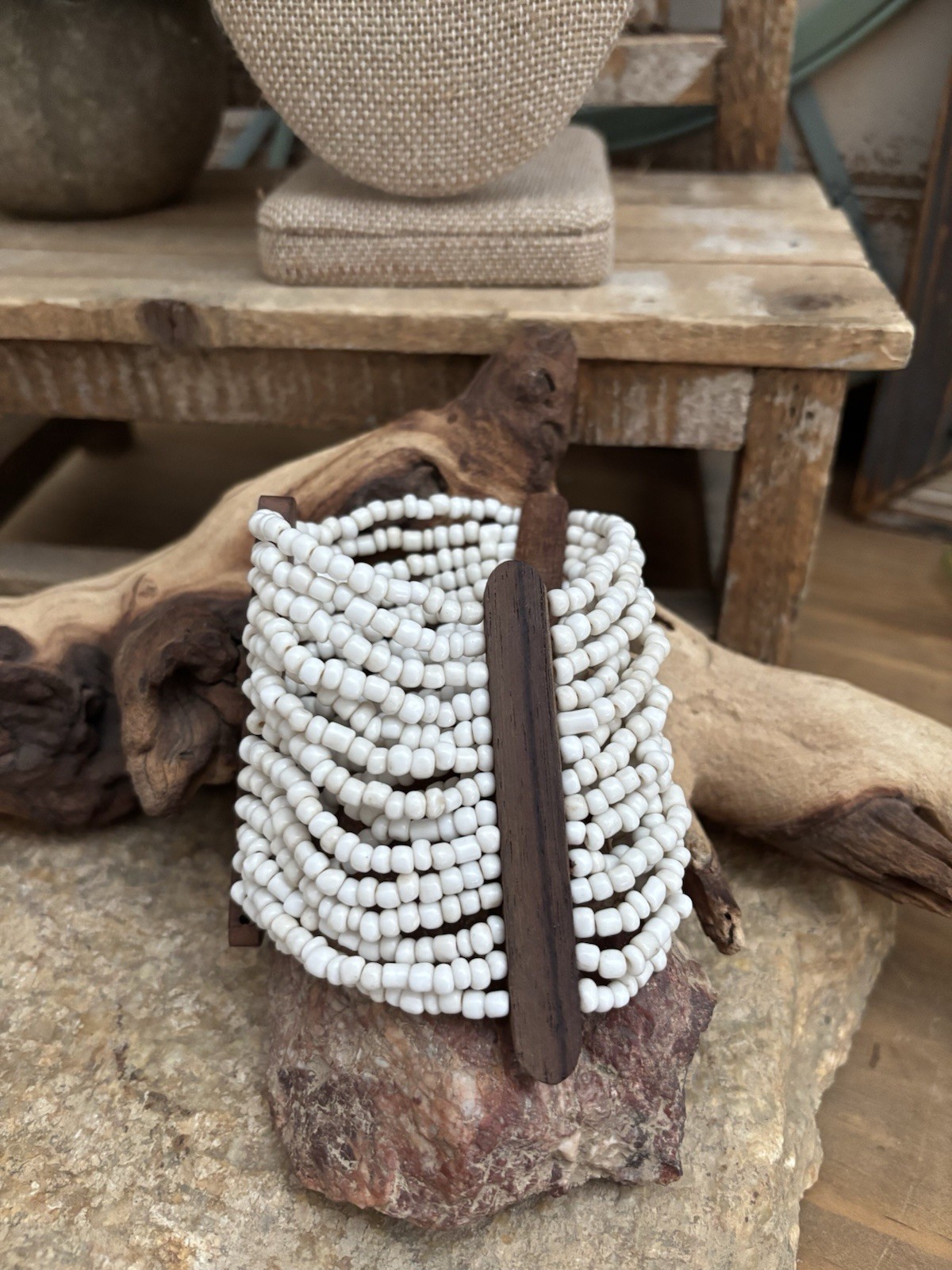 Cuff Bracelet White Seed Bead & Wood Stretch BOHO NEW Read