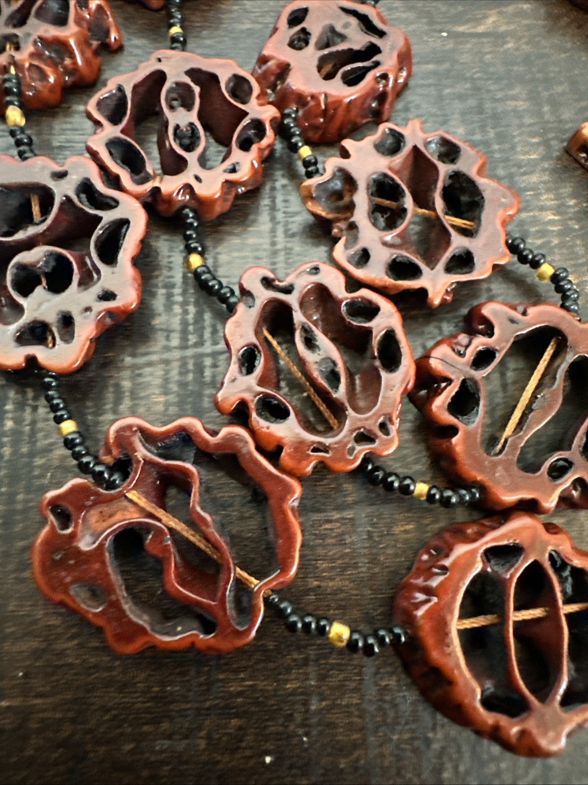 Vtg Handcrafted Black Walnut Slice Necklace – Long 46″ Boho Carved Wood Beads