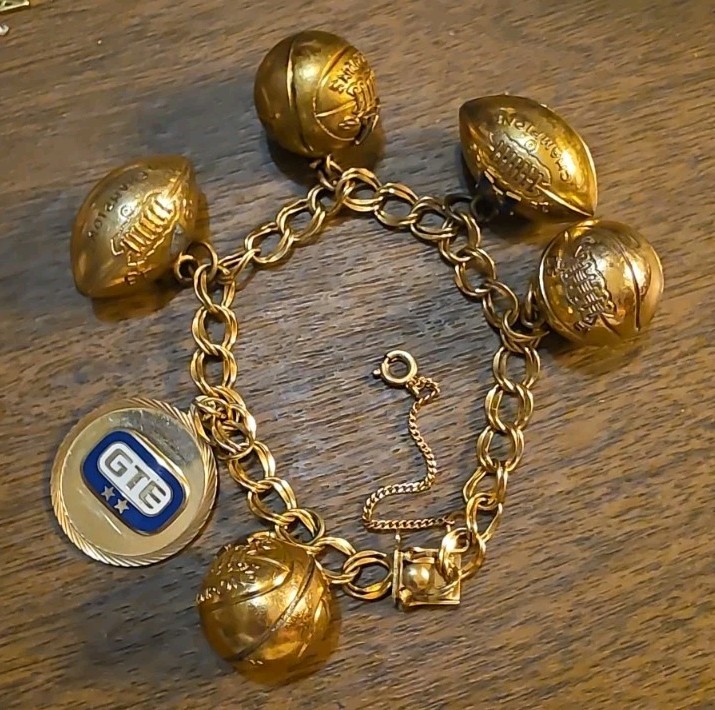 1940s & 1950s 12K GF Spartan Charm Bracelet Gold Football Basketball GTE Charm