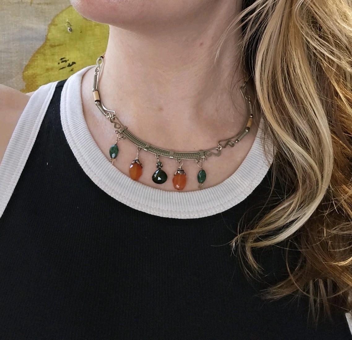 Southwest Style Natural Stone Choker Necklace Porcupine Quill Bugle Beads 17″