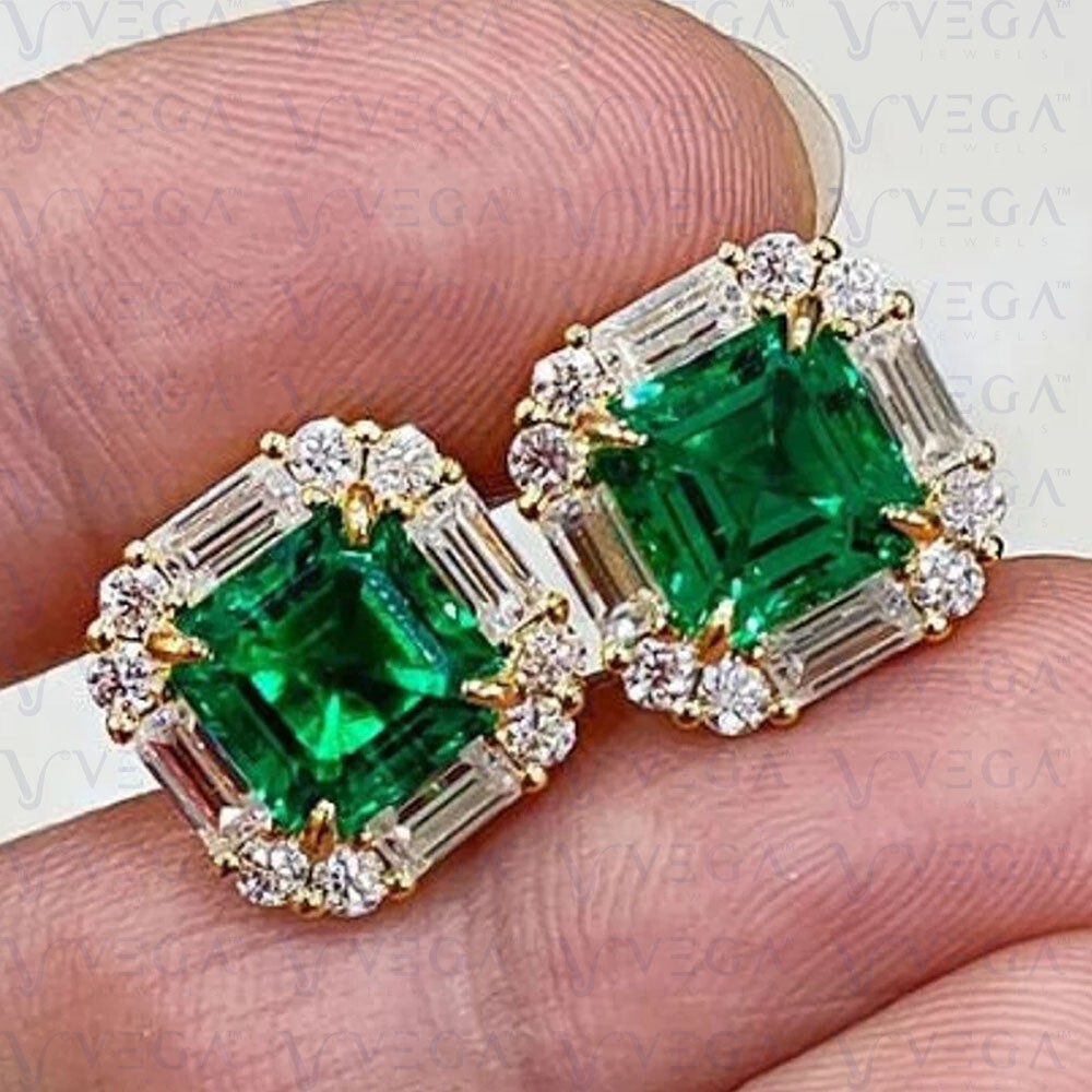 5.16Ct Asscher Cut Natural Emerald & Diamond Stud Earring 14K Solid Yellow Gold
