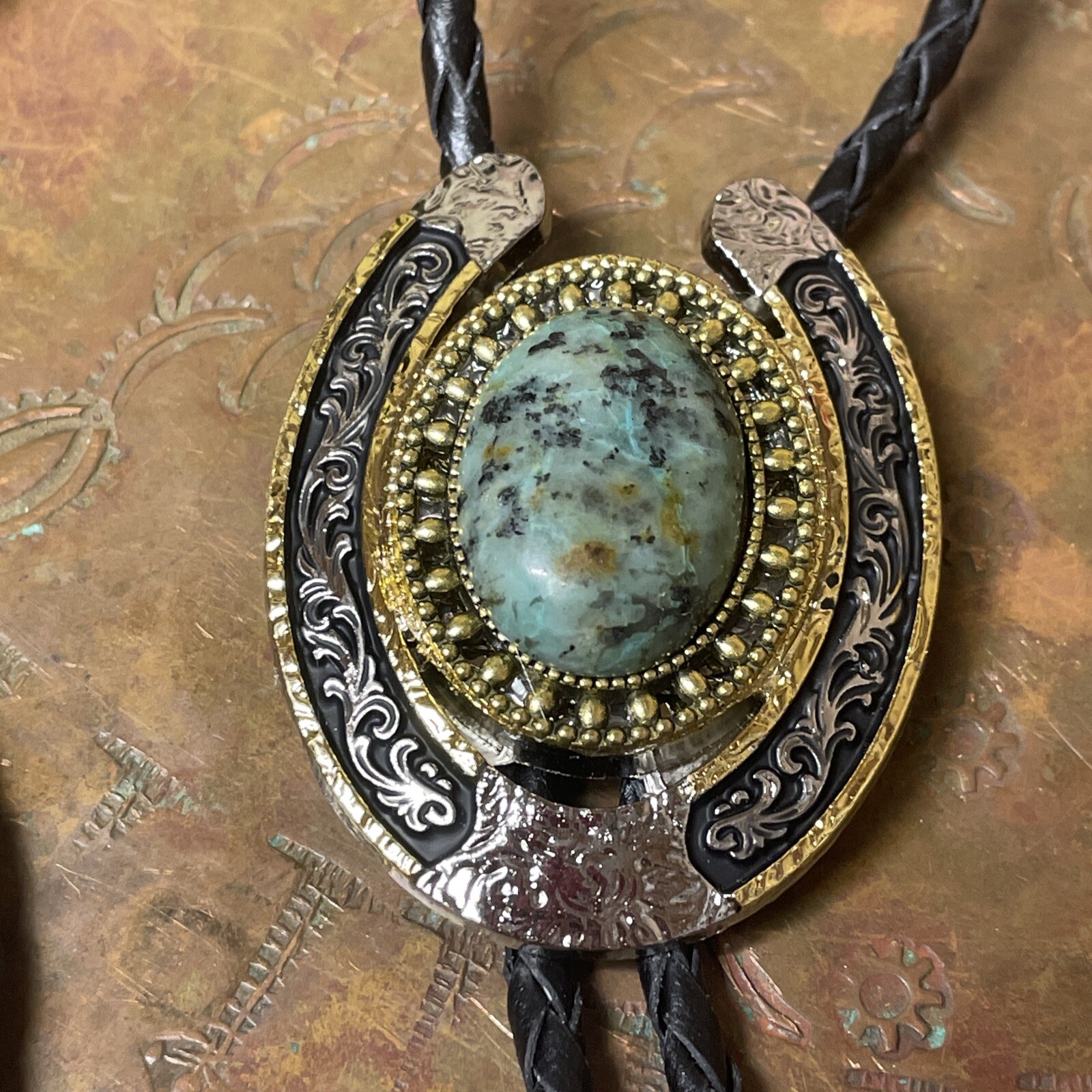Southwest Tulsa Bolo Tie King African Turquoise Silver Gold Horseshoe Spring
