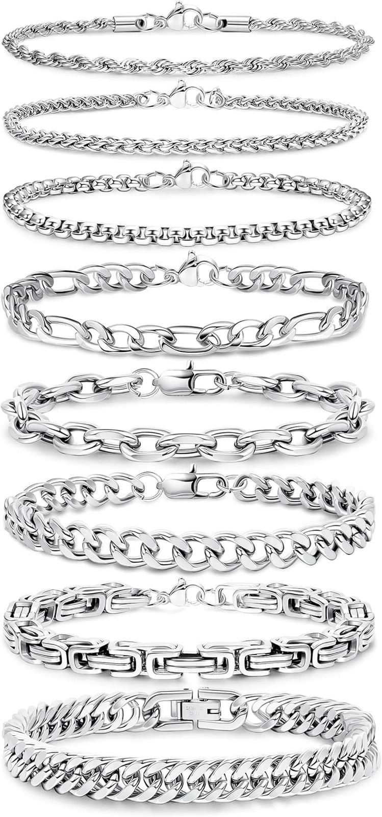 8Pcs Stainless Steel Bracelets for Men Women Sturdy Cuban Link Bracelet Curb Rop