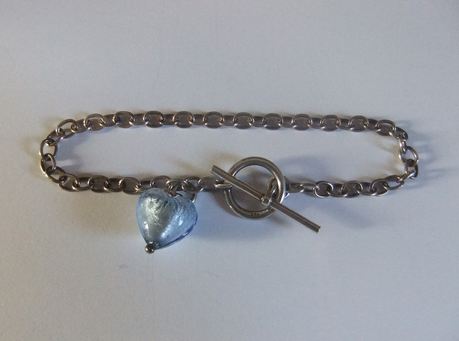 SOLID STERLING SILVER T BAR BRACELET WITH HEART CHARM * 8.45 grams *