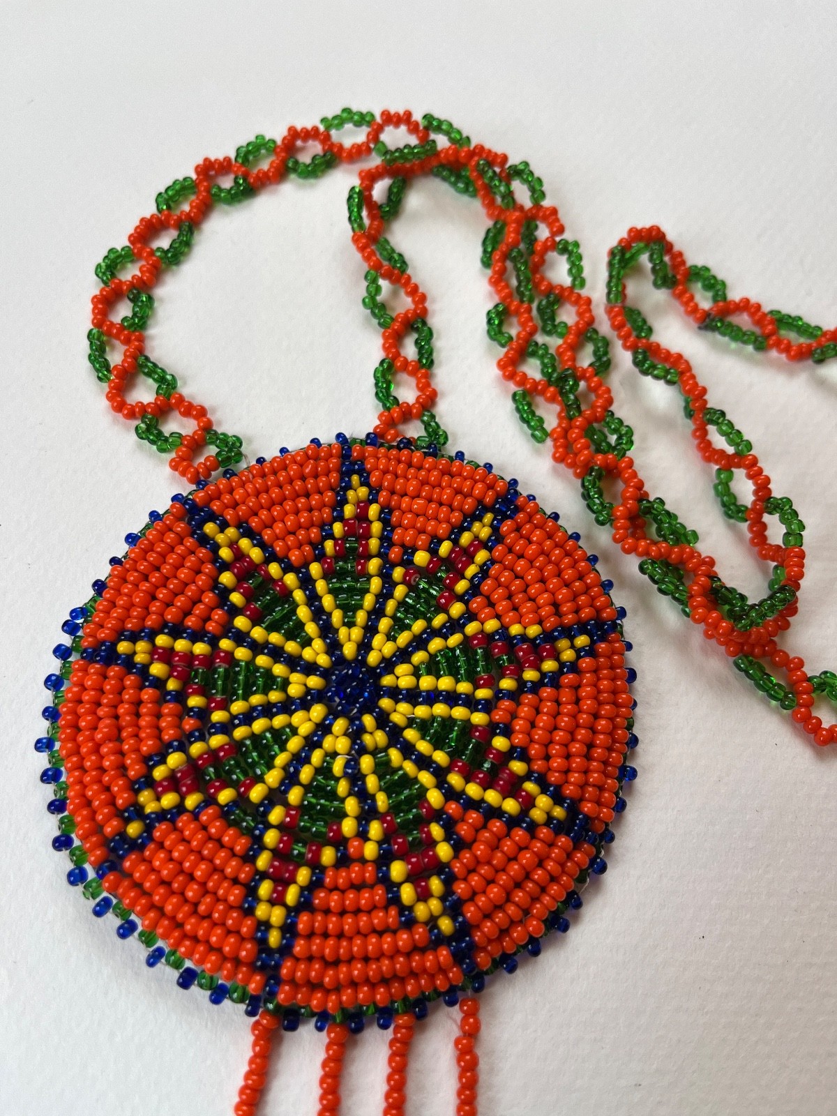Orange & Green Beaded Chain w Large Blue Yellow Orange Bead Southwest Medallion