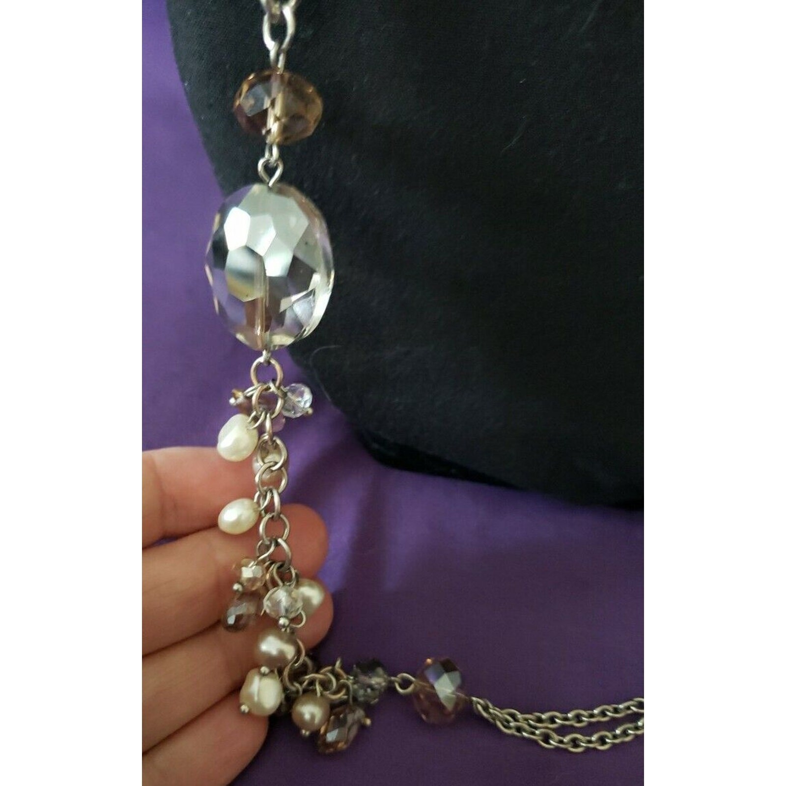 Long Silver Tone Glass Crystal Asymmetrical Necklace, Faux Pearl & Bead Baubles