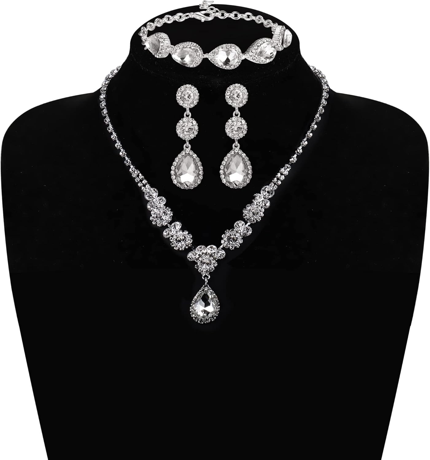 Rhinestone Bridal Jewelry Set Necklace Bracelet Clip on Earrings for Brides Brid