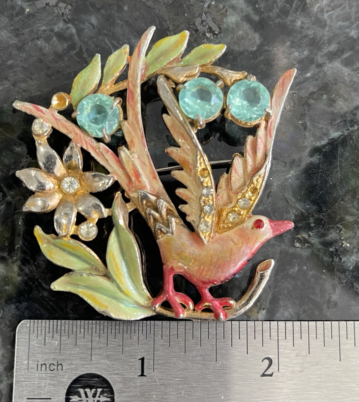 1940s Bird Of Paradise Eden Brooch Pot Metal Enamel Rhinestone Missing 3 Stones