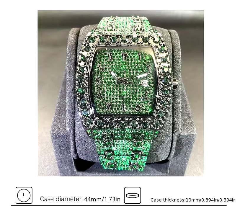 Luxurious Hip-Hop Green Rhinestone Watch | Unisex Square Diamond Watch