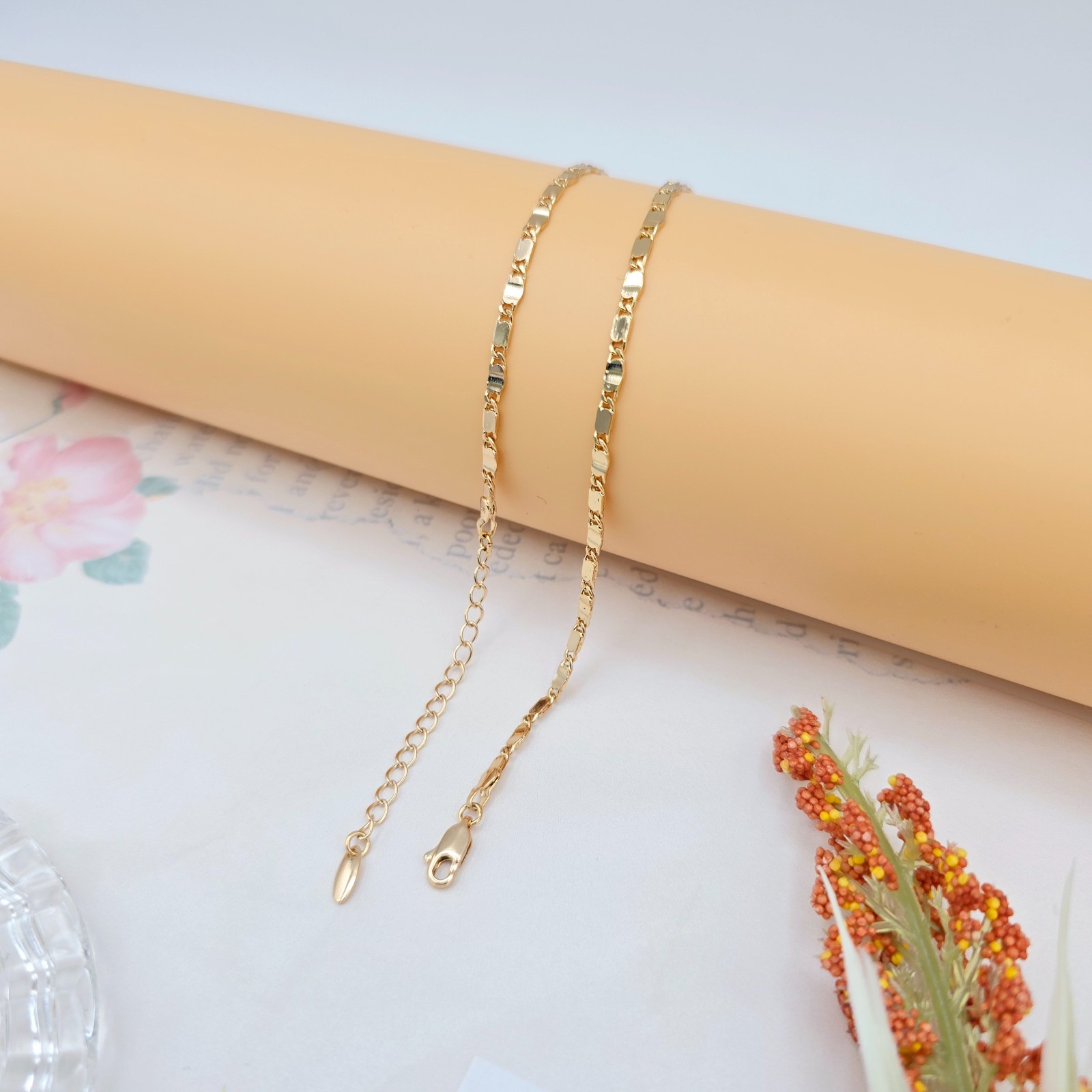 Rose Gold Flat Link Chain Necklace 45+5cm / 17.7+2 Inch Adjustable, XPNL0021
