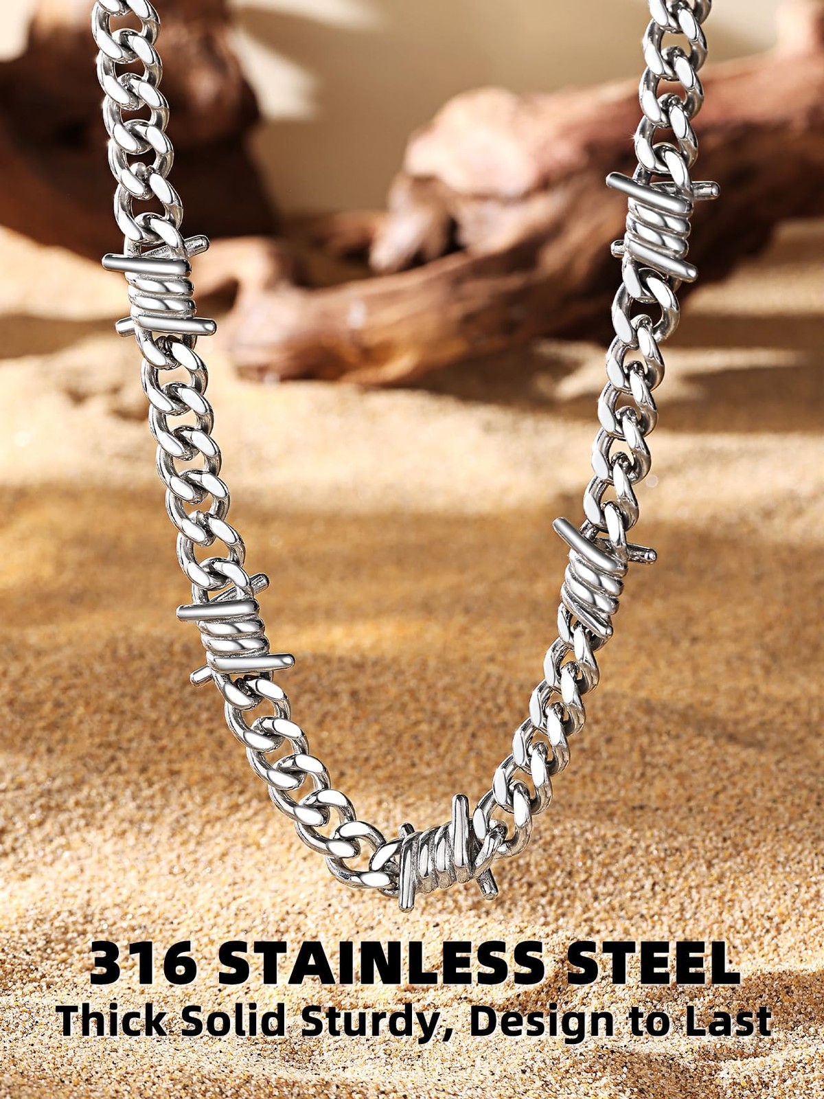 Stainless Steel Barbed Wire Necklace 9mm Thick Heavy 18 inches, a. 9mm-Silver