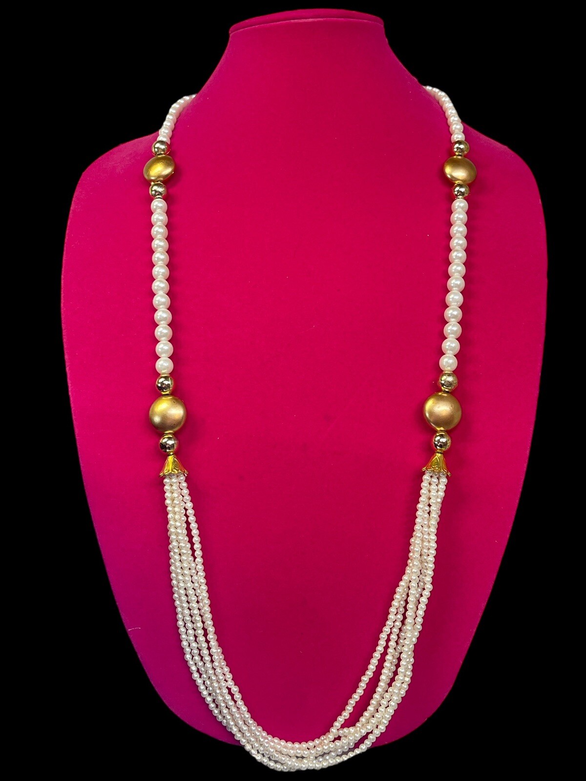 Faux Pearls Opera Length Necklace W Gold Tone Accents Multiple Strands