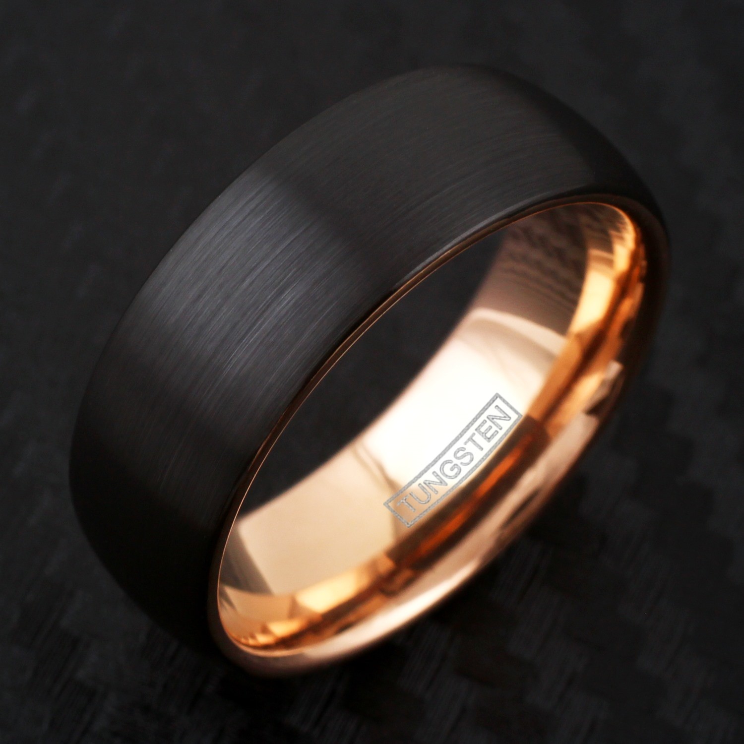 Black Brushed Tungsten Domed Rose Gold Plated Side & Inside Wedding Band Ring