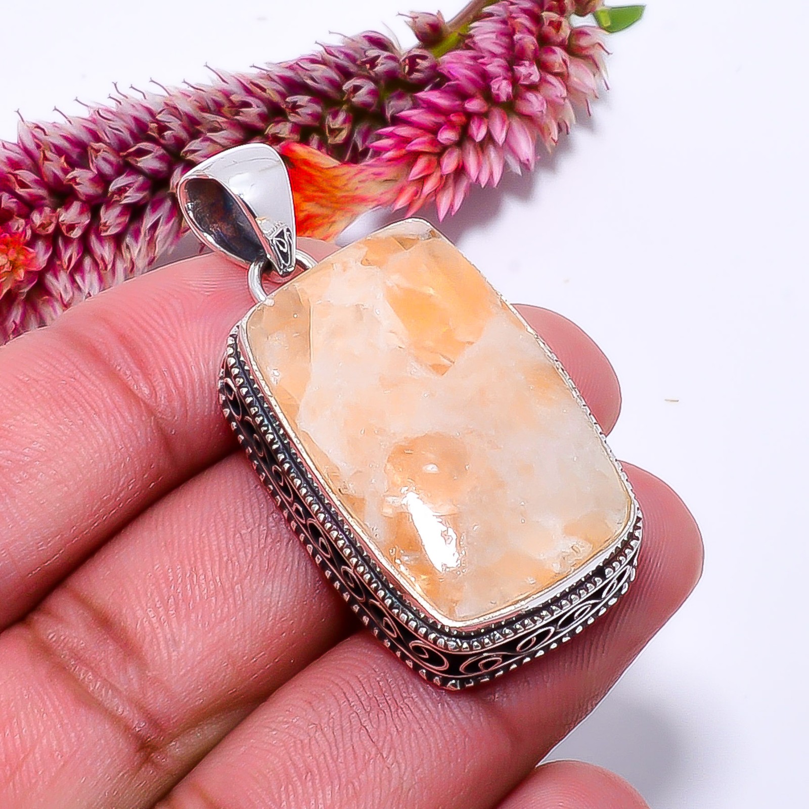 Orange Calcite- Peru Fine Art 925 Sterling Silver Pendant 0.98″ P10364114311