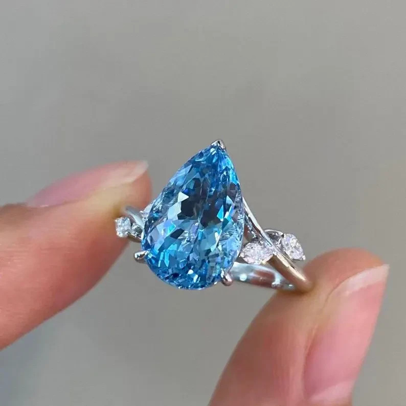 4.80Ct Pear Cut Cut Natural Aquamarine & Diamond 14K White Gold Wedding Ring