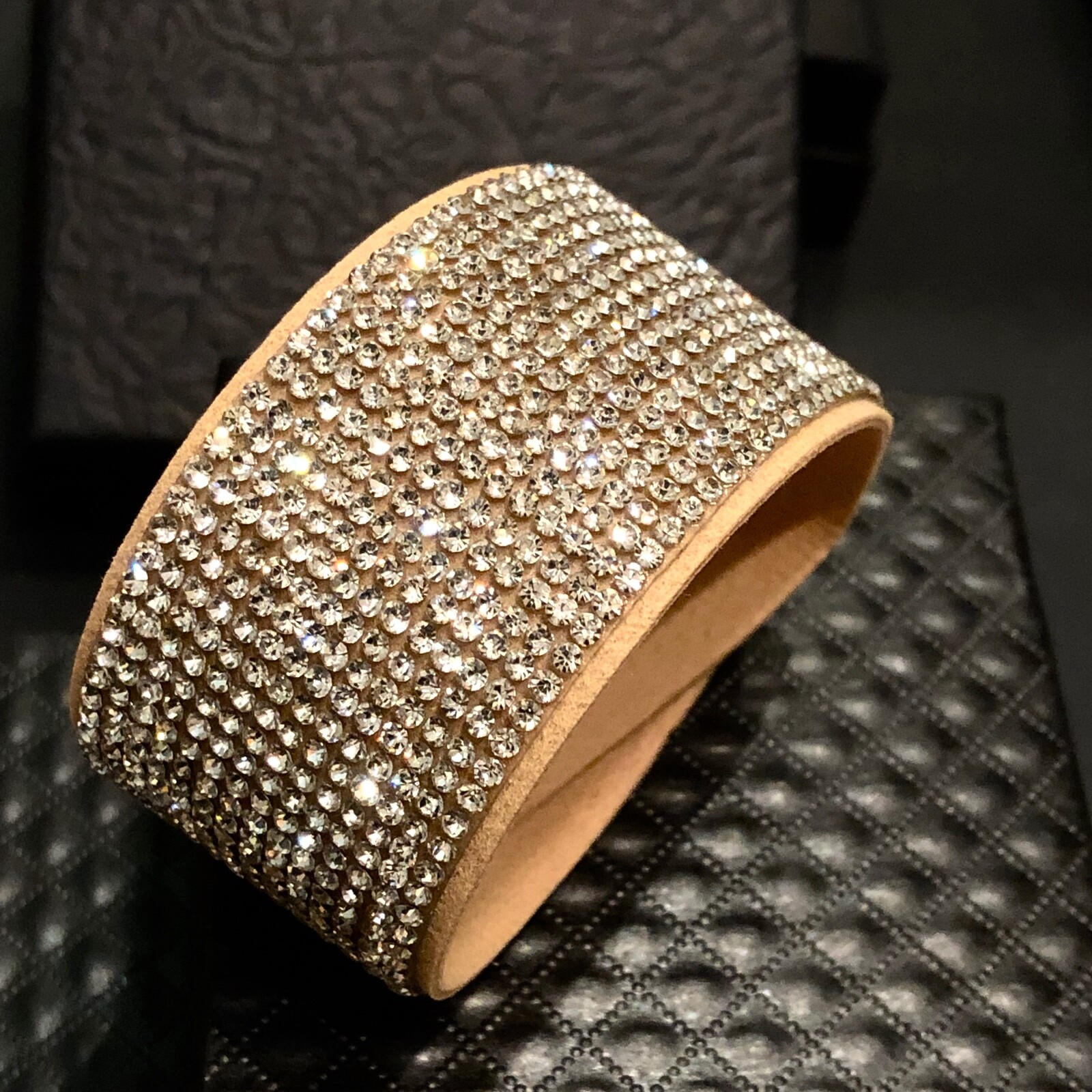 Swarovski Elements Crystal Wrap Bracelet Tan Alcantara Leather Wide Bling Cuff