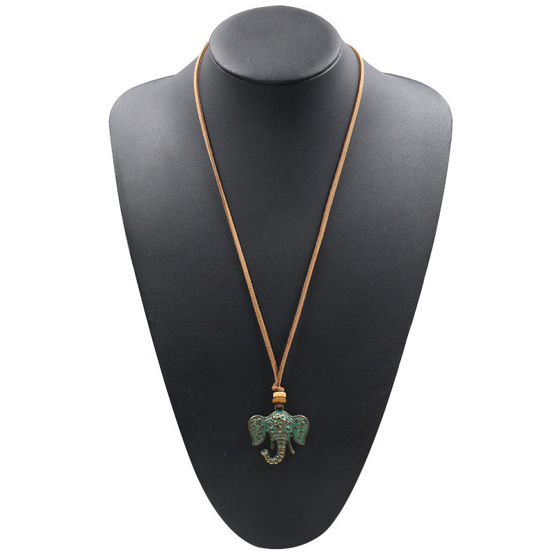 Fashion Vintage Green Elephant Charm Pendant Sweater Chain Alloy Necklace jewelr