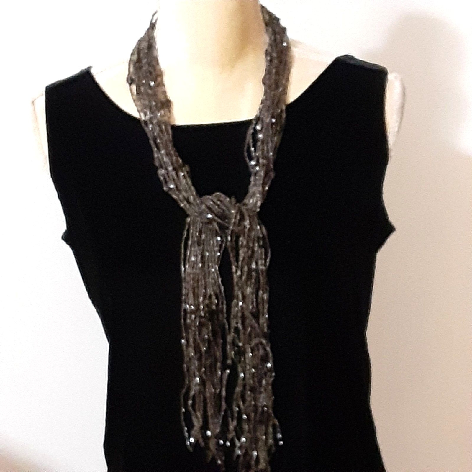 Vintage 1960-70’s all seed beaded wrap necklace scarf grey brown tones 46″