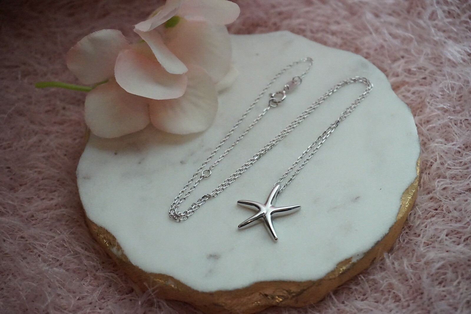 Solid Women Sterling Silver 18mm “Starfish”Pendant 16.5”Long Necklace -D
