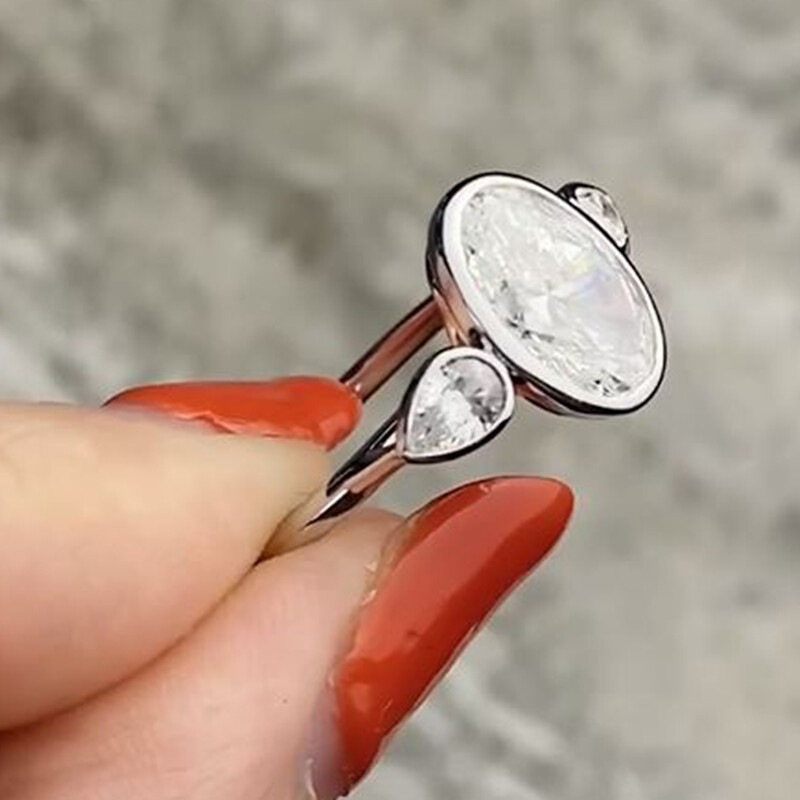 Three Stone 2.4 CTW Oval Moissanite Bezel Set Wedding Ring 14kwhite gold Plated
