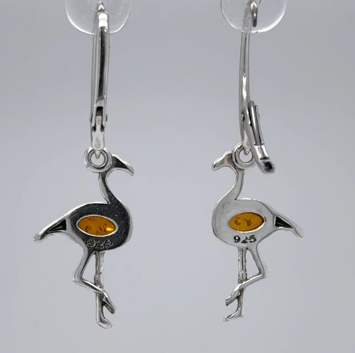 Cognac Brown BALTIC AMBER Flamingo Leveback Earrings 925 STERLING SILVER #5786e