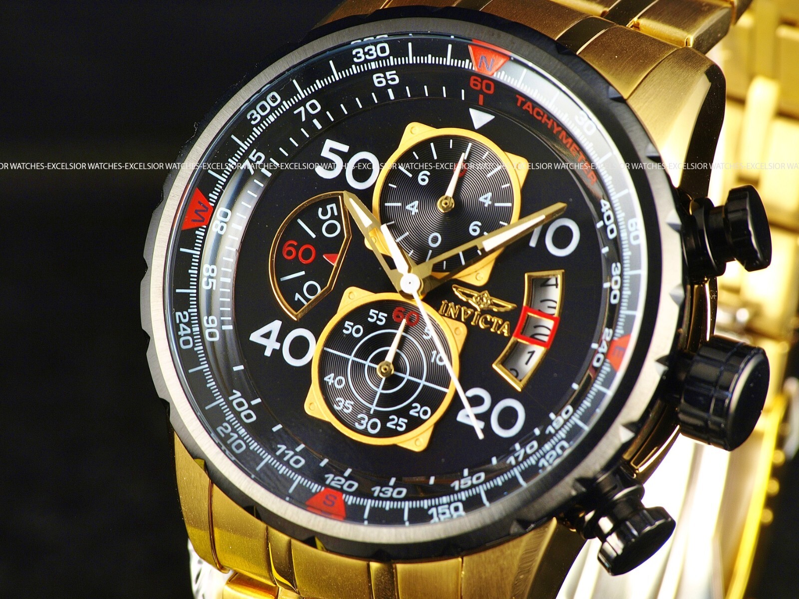 New Invicta Men’s AVIATOR CHRONOGRAPH Quartz Gold Tone SS 48mm Blue Dial Watch