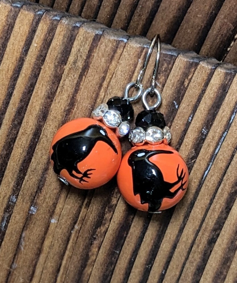 Halloween Bracelet Black Bird Raven Crow Beaded Stretch Bracelet Earrings