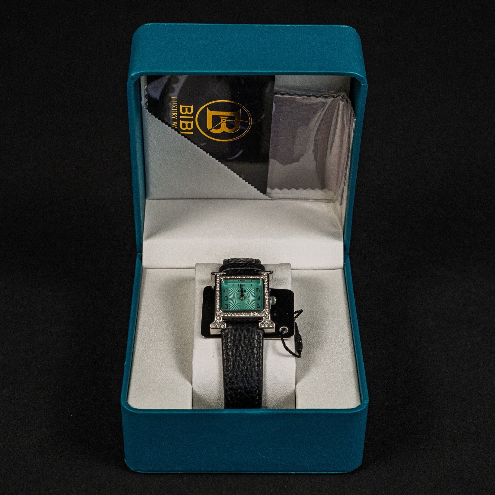 BIBI Luxury Watch Tiffany Blue Face H Rhinestone Genuine Leather Band Women NIB