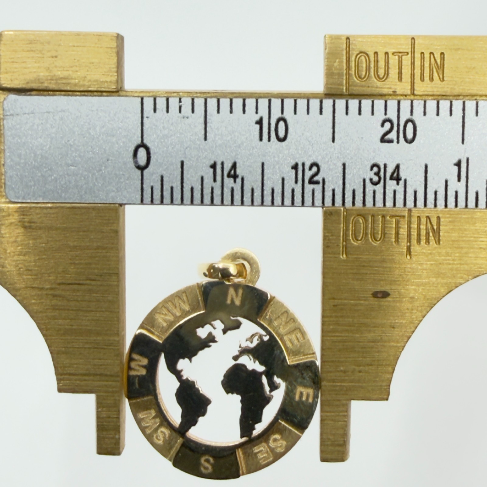 14K Solid Yellow Gold World Map Globe Compass Pendant Travel Charm Unisex