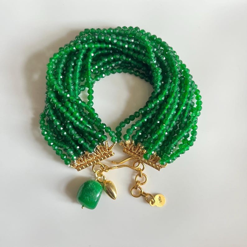 10 Layer Green onyx Faceted Round Gemstone Beads Handmade Unisex Bracelet 6-8”