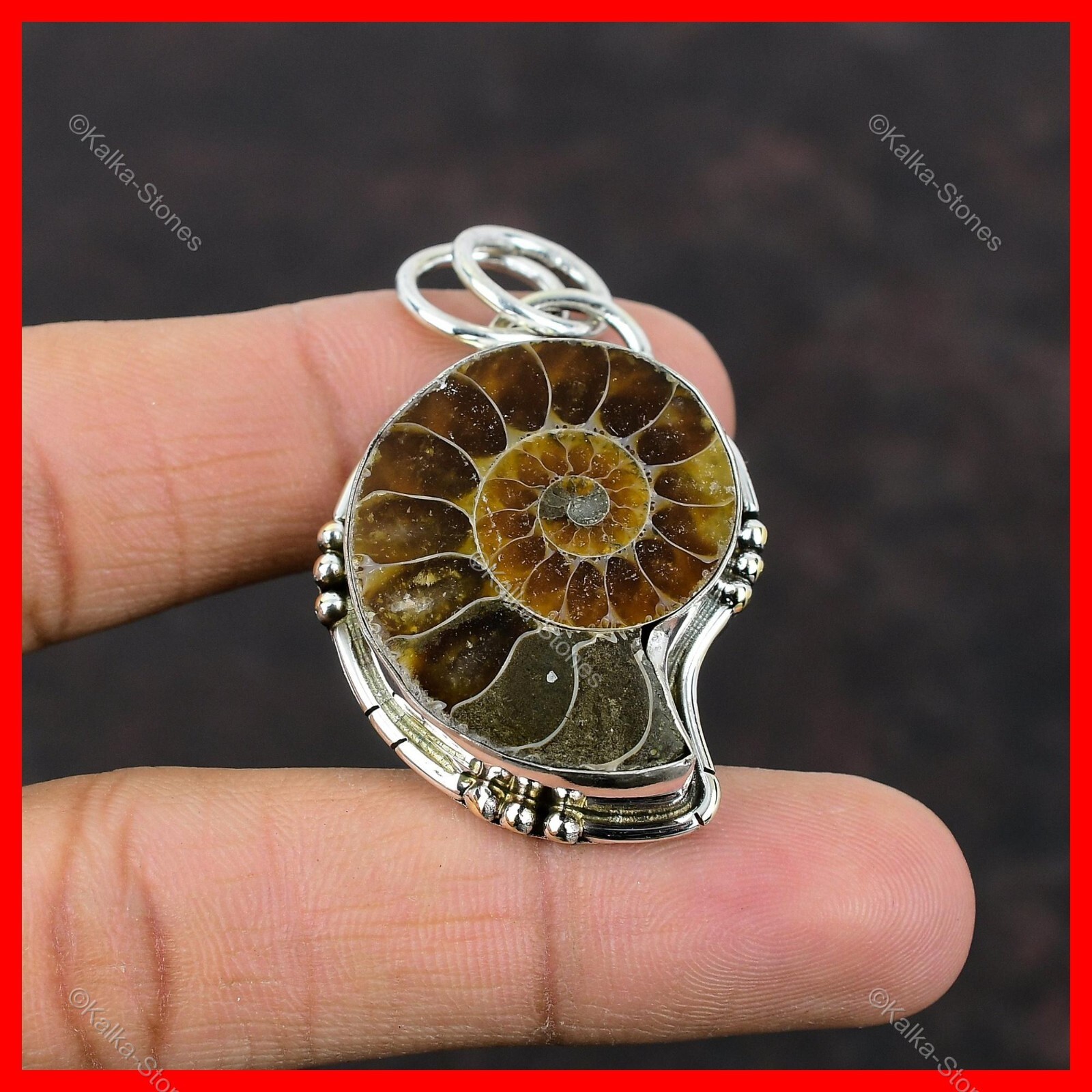 Pear Ammonite Fossil Stone 925 Sterling Silver Vintage Ethnic Pendant Jewelry
