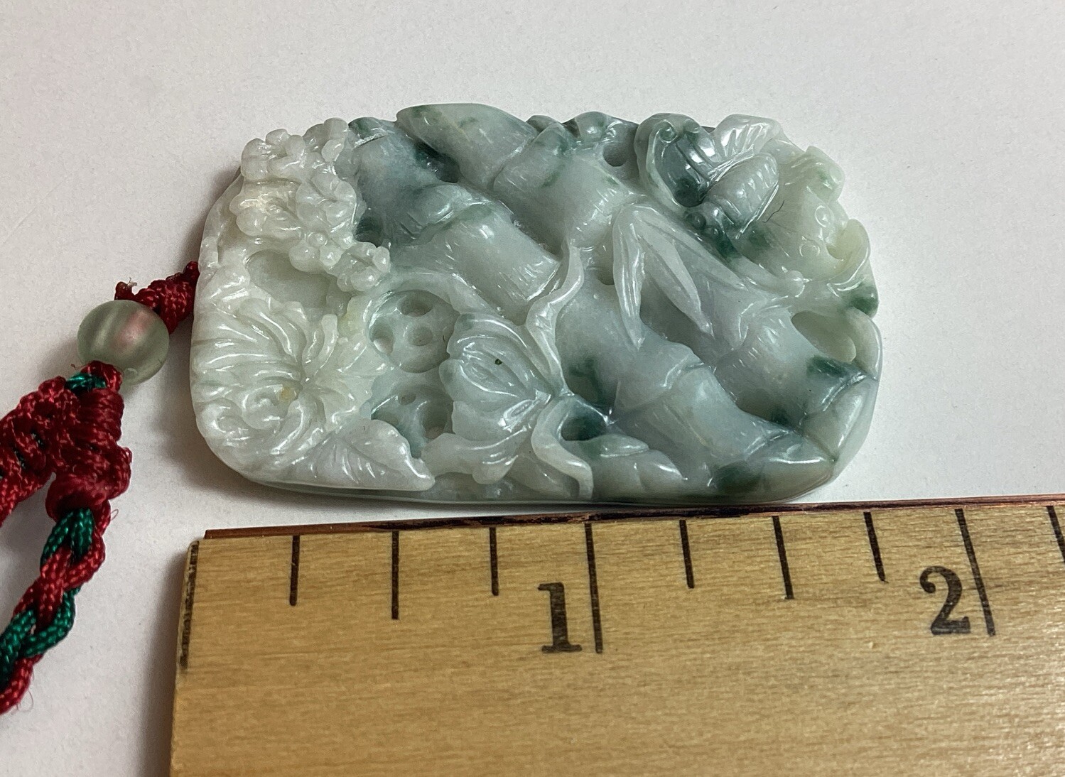 Light Tan & Green 1 Sided Jadeite Bamboo & Butterfly Translucent Pendant