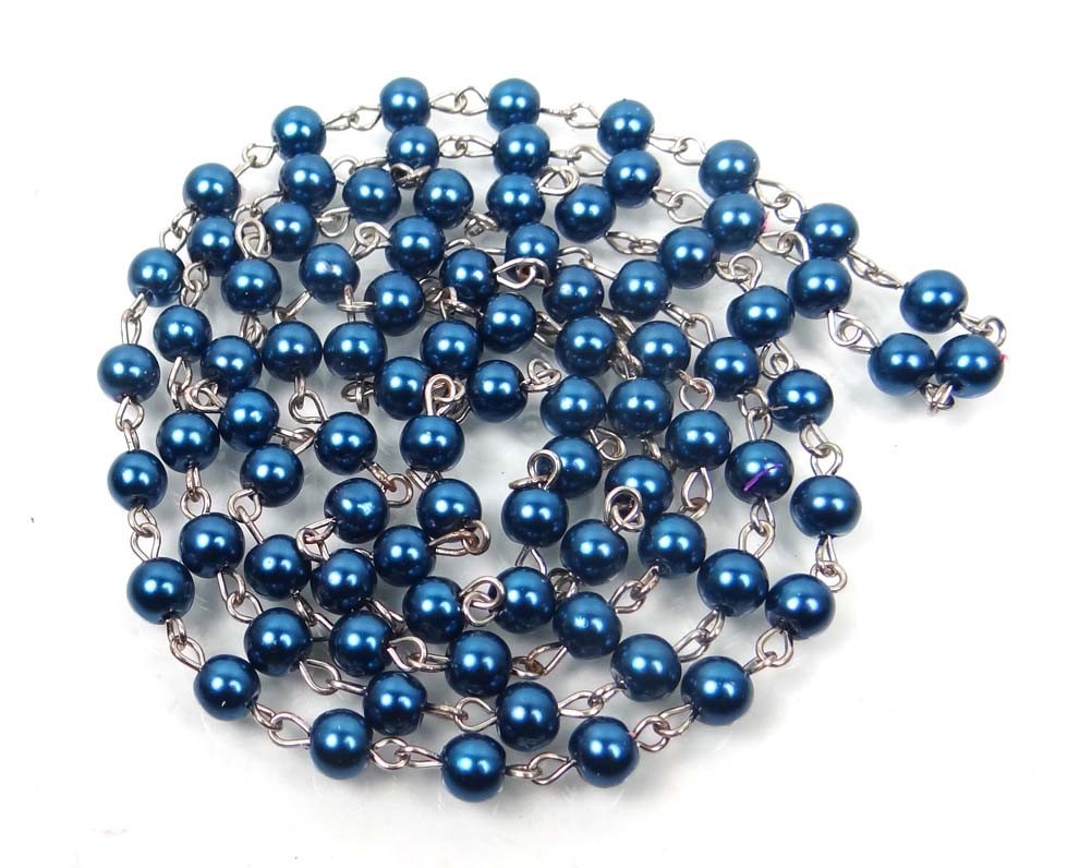 40″ (3.3 feet) Platinum 6mm Cobalt Blue Glass Pearl Bead Link Chain