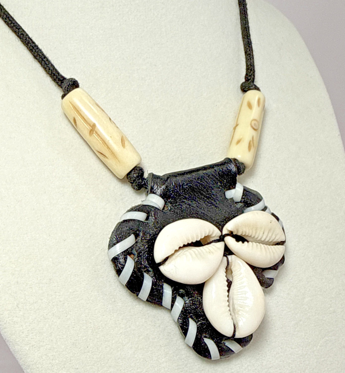 Vintage Cowrie Shell Pendant Necklace Cord Black White Braid Carved Bone India