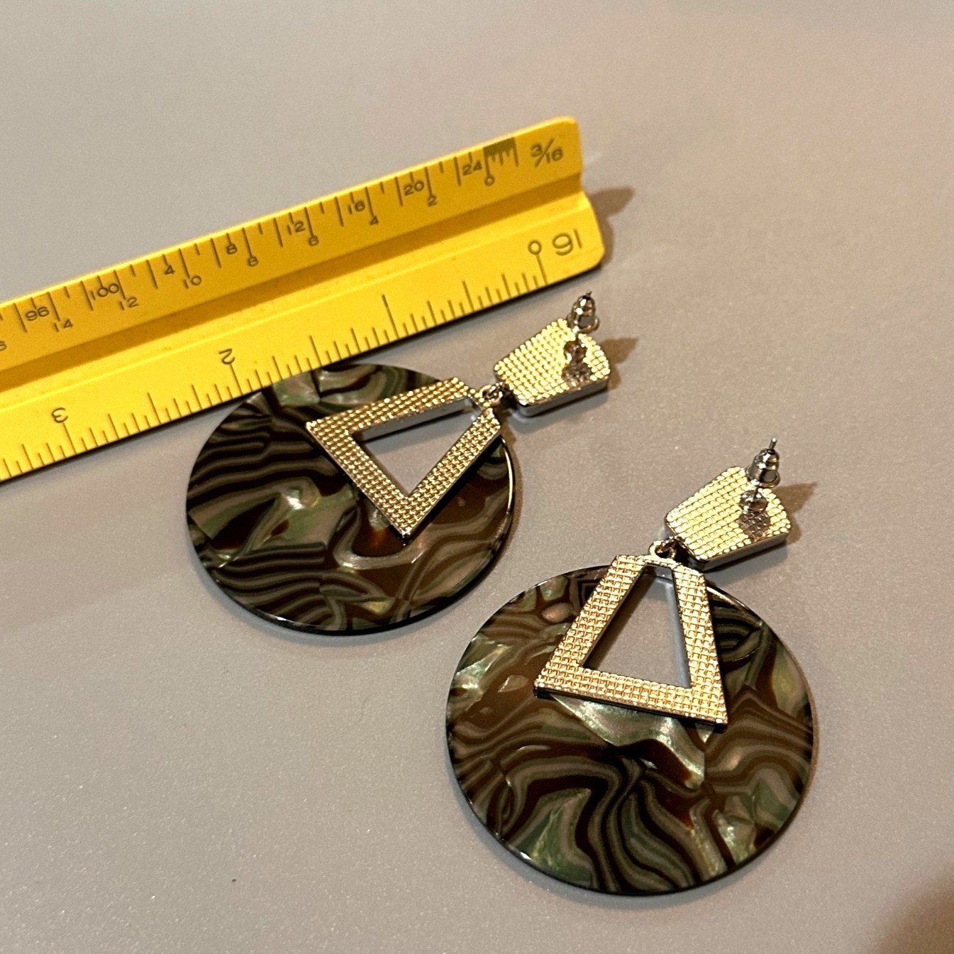 Geometric Statement Earrings Marbled Acrylic Discs Silver Tone Accent Triangle C